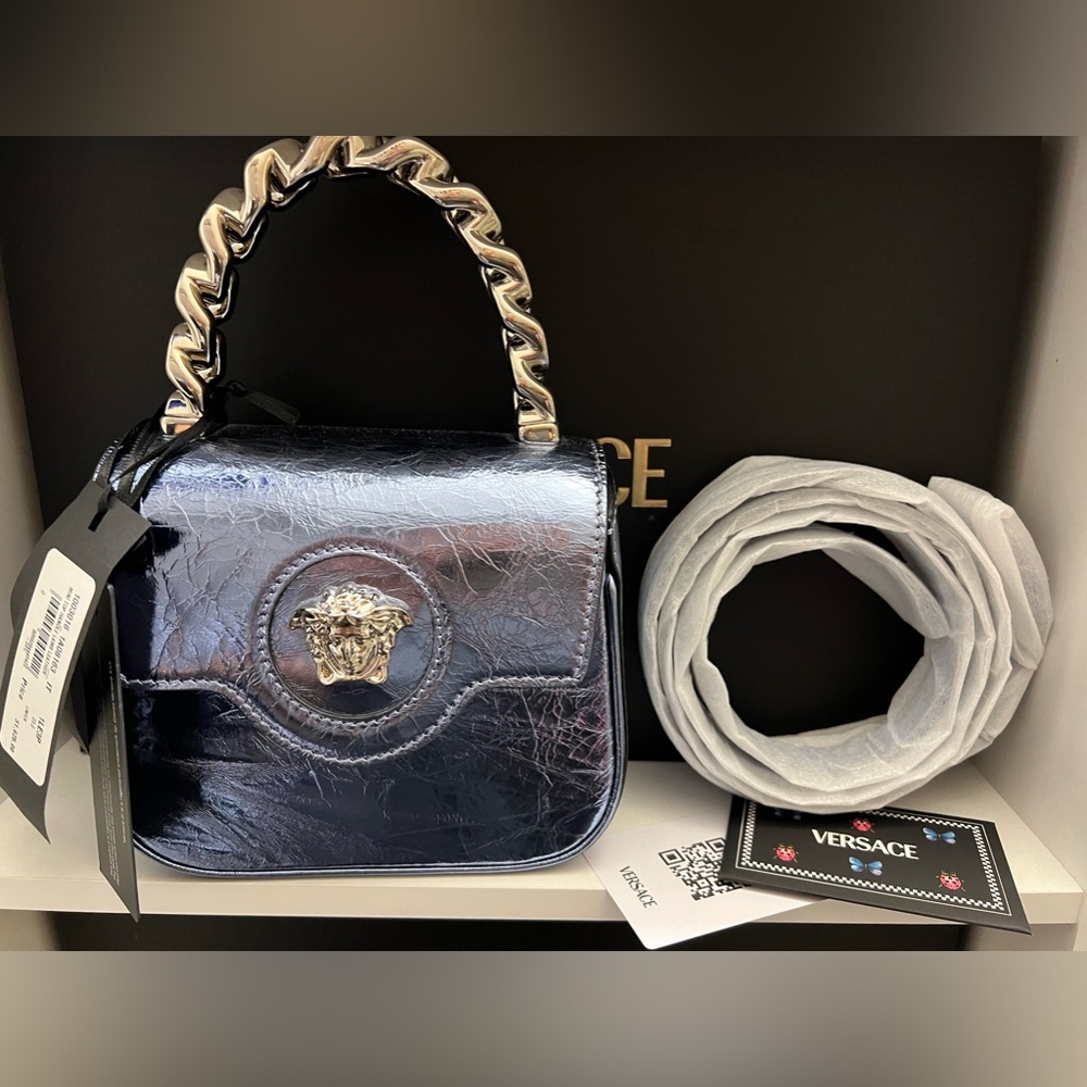 Versace La Medusa Metallic Leather Mini Bag Blue